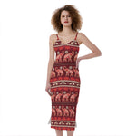 Red Indian Elephant Pattern Print Slim Fit Midi Cami Dress
