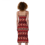 Red Indian Elephant Pattern Print Slim Fit Midi Cami Dress