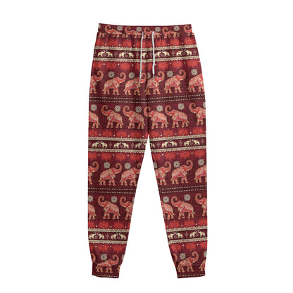 Red Indian Elephant Pattern Print Sweatpants