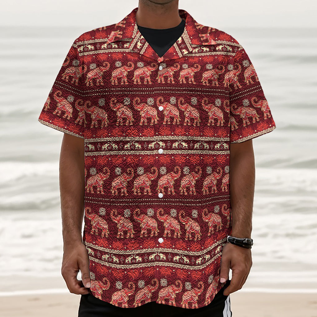 Red Indian Elephant Pattern Print Textured Short Sleeve Shirt