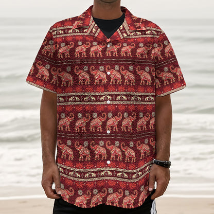 Red Indian Elephant Pattern Print Textured Short Sleeve Shirt