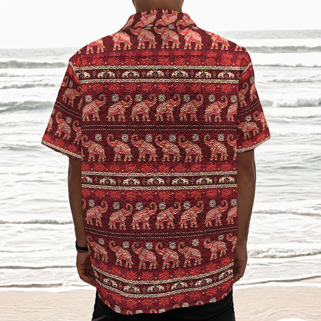 Red Indian Elephant Pattern Print Textured Short Sleeve Shirt