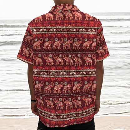 Red Indian Elephant Pattern Print Textured Short Sleeve Shirt