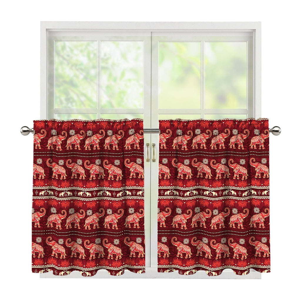 Red Indian Elephant Pattern Print Tier Curtains