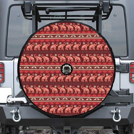 Red Indian Elephant Pattern Print Tire Cover With Camera Hole