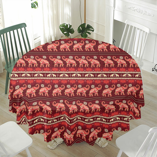 Red Indian Elephant Pattern Print Waterproof Round Tablecloth