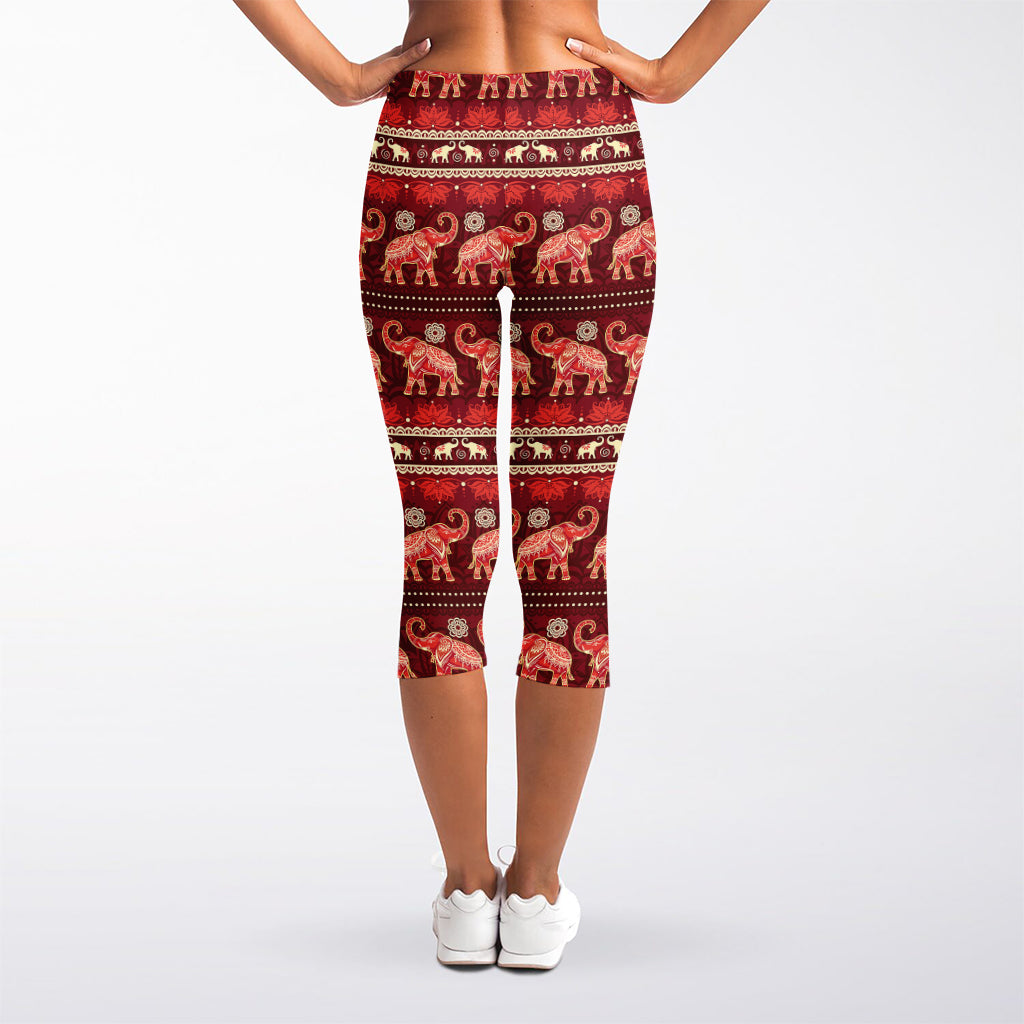 Red Indian Elephant Pattern Print Women's Capri Leggings