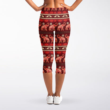 Red Indian Elephant Pattern Print Women's Capri Leggings