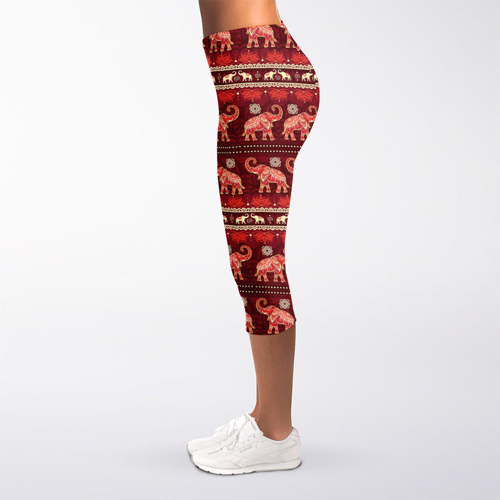 Red Indian Elephant Pattern Print Women's Capri Leggings