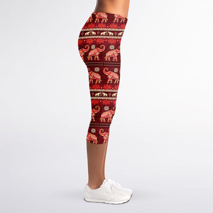Red Indian Elephant Pattern Print Women's Capri Leggings