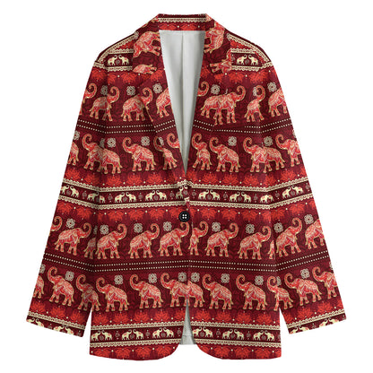 Red Indian Elephant Pattern Print Women's Cotton Blazer