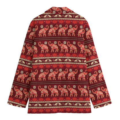 Red Indian Elephant Pattern Print Women's Cotton Blazer