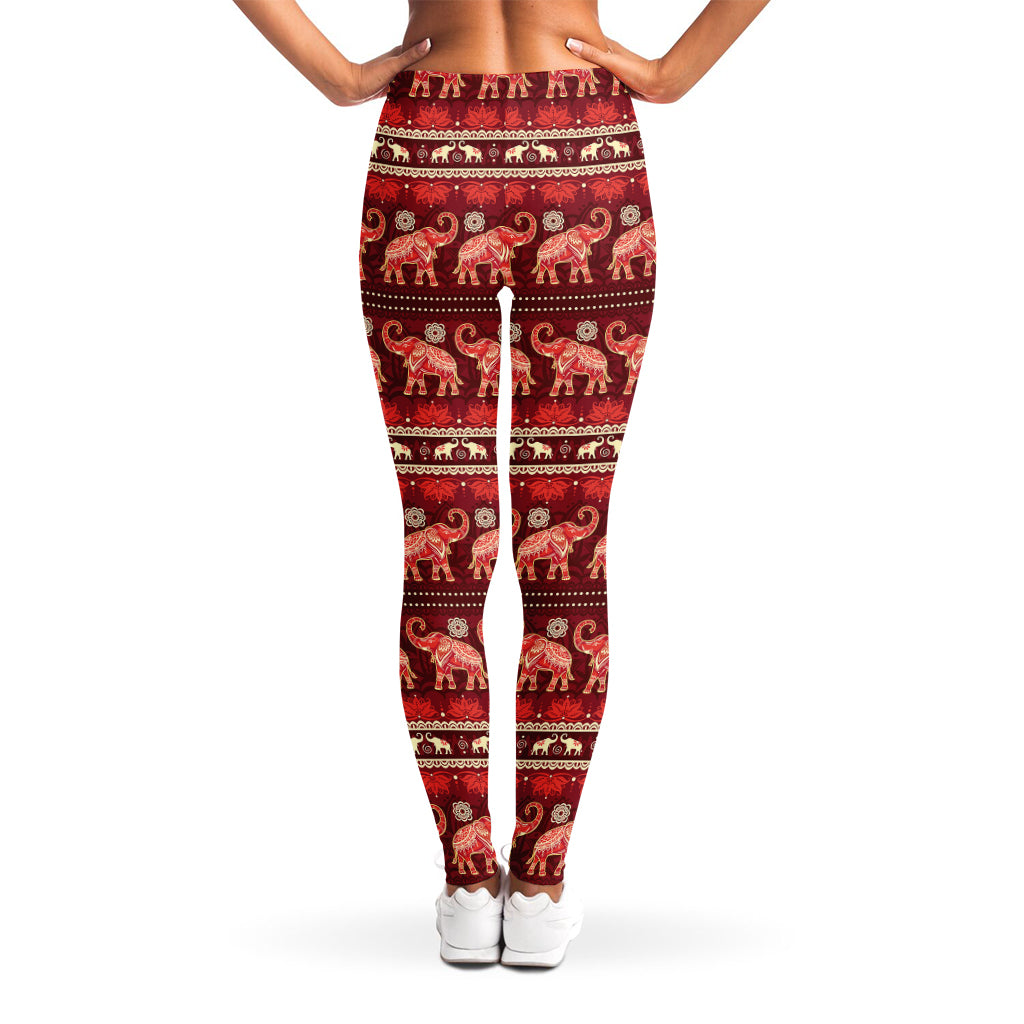 Red Indian Elephant Pattern Print Women's Leggings