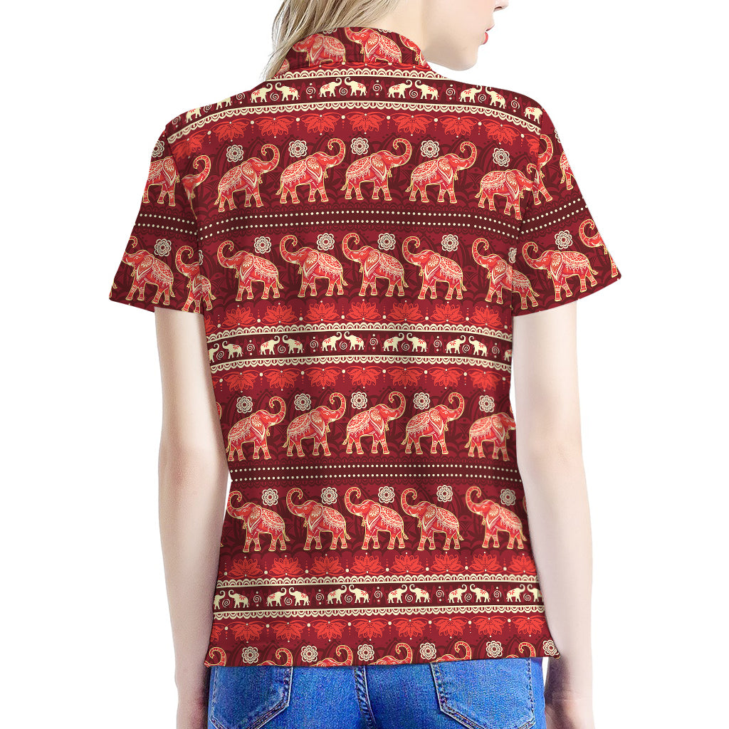 Red Indian Elephant Pattern Print Women's Polo Shirt