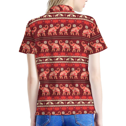 Red Indian Elephant Pattern Print Women's Polo Shirt