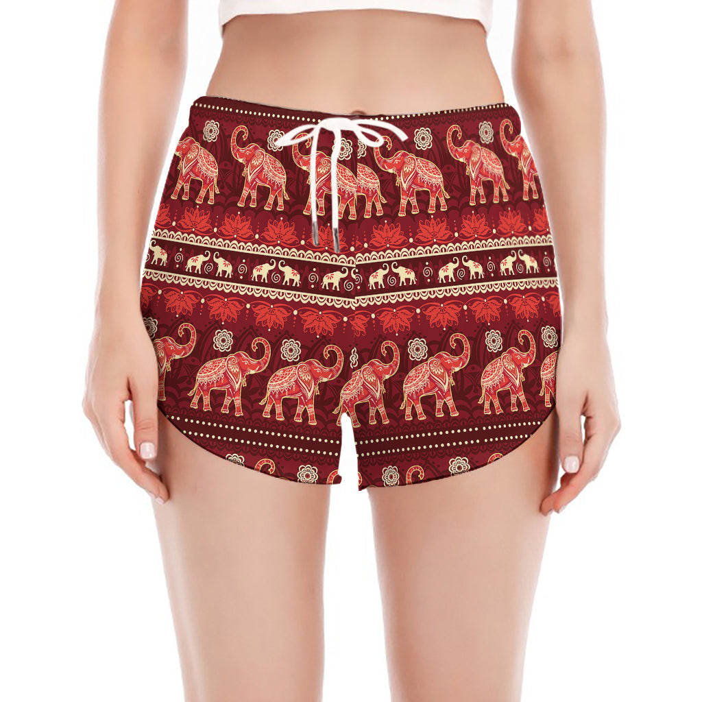 Red Indian Elephant Pattern Print Women's Split Running Shorts