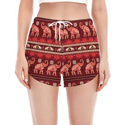 Red Indian Elephant Pattern Print Women's Split Running Shorts