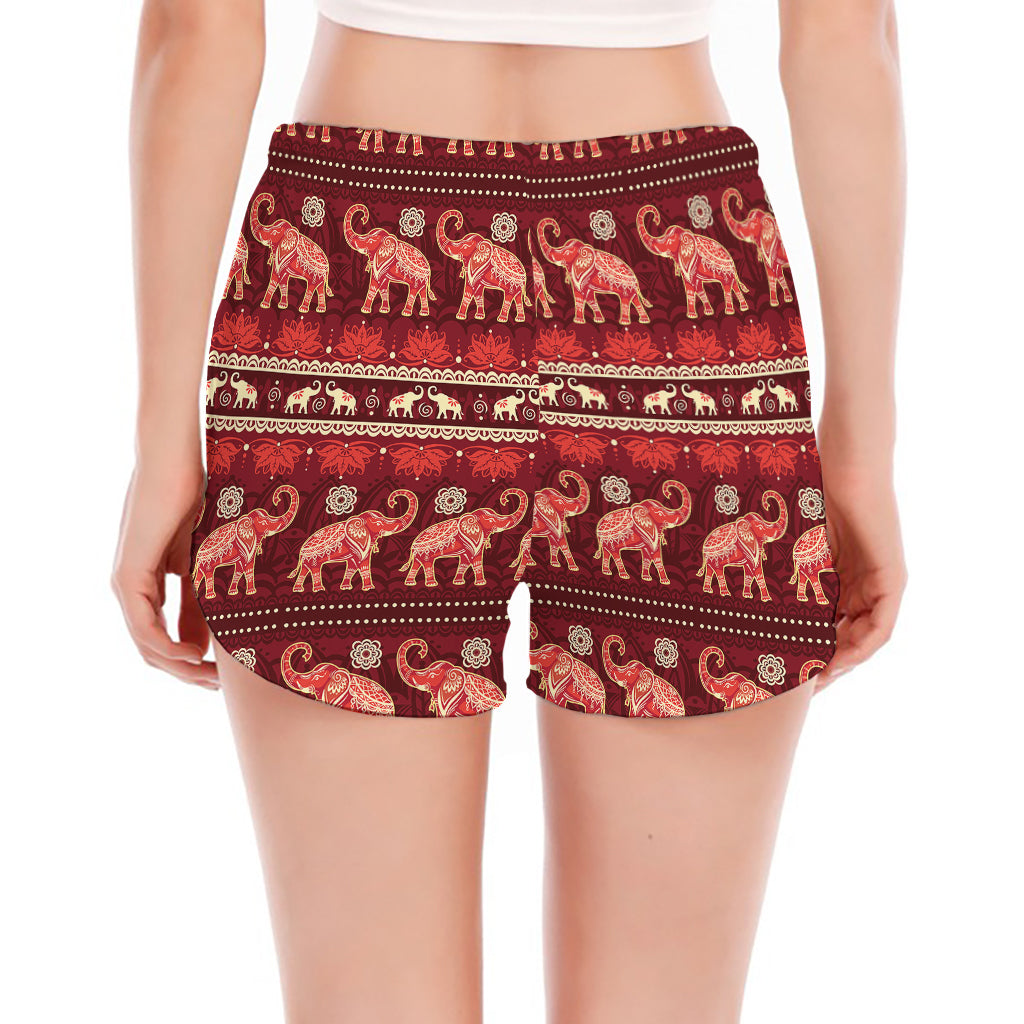 Red Indian Elephant Pattern Print Women's Split Running Shorts
