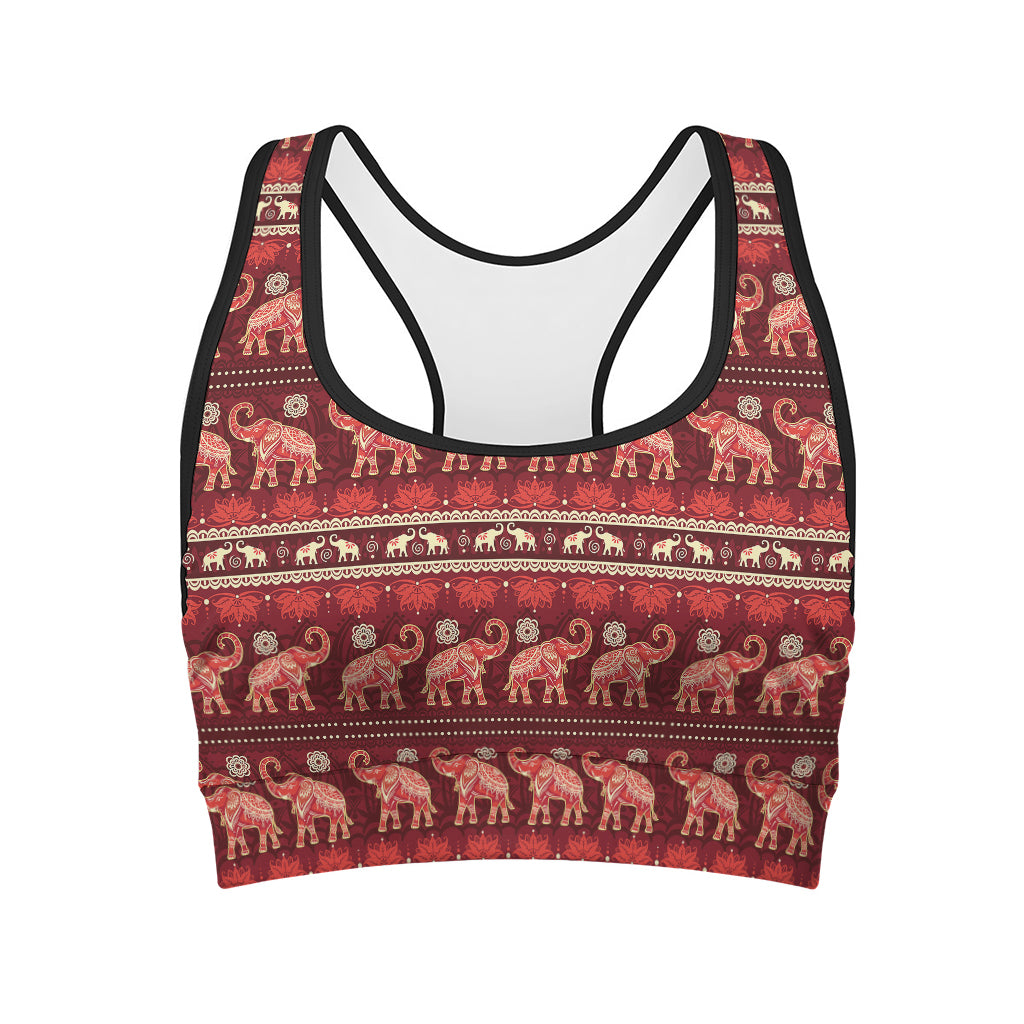 Red Indian Elephant Pattern Print Women's Sports Bra