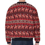 Red Indian Elephant Pattern Print Zip Sleeve Bomber Jacket
