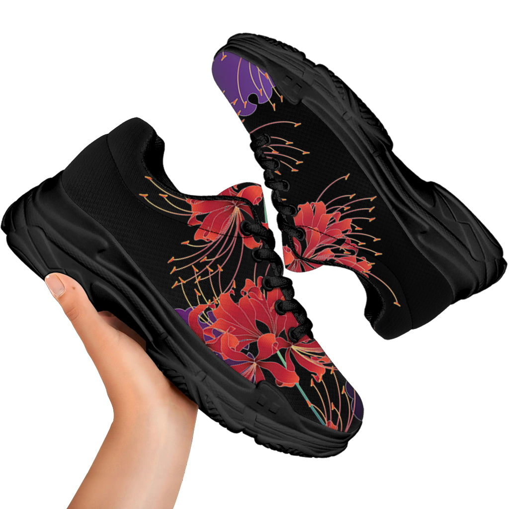 Red Japanese Amaryllis Pattern Print Black Chunky Shoes