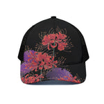 Red Japanese Amaryllis Pattern Print Black Mesh Trucker Cap