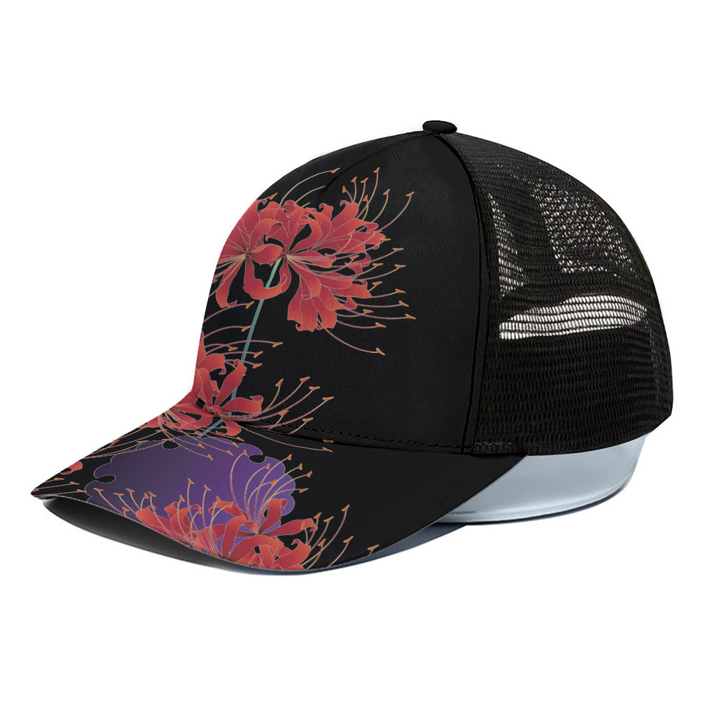 Red Japanese Amaryllis Pattern Print Black Mesh Trucker Cap