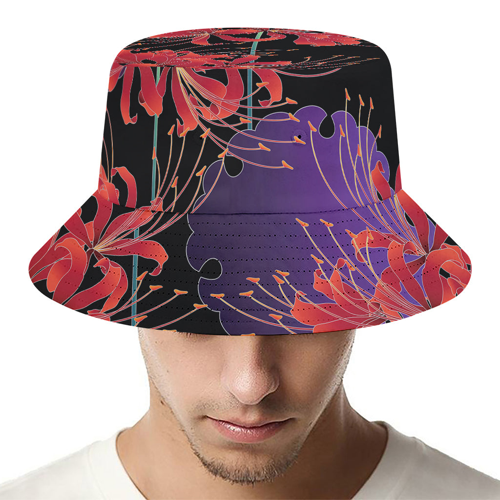 Red Japanese Amaryllis Pattern Print Bucket Hat