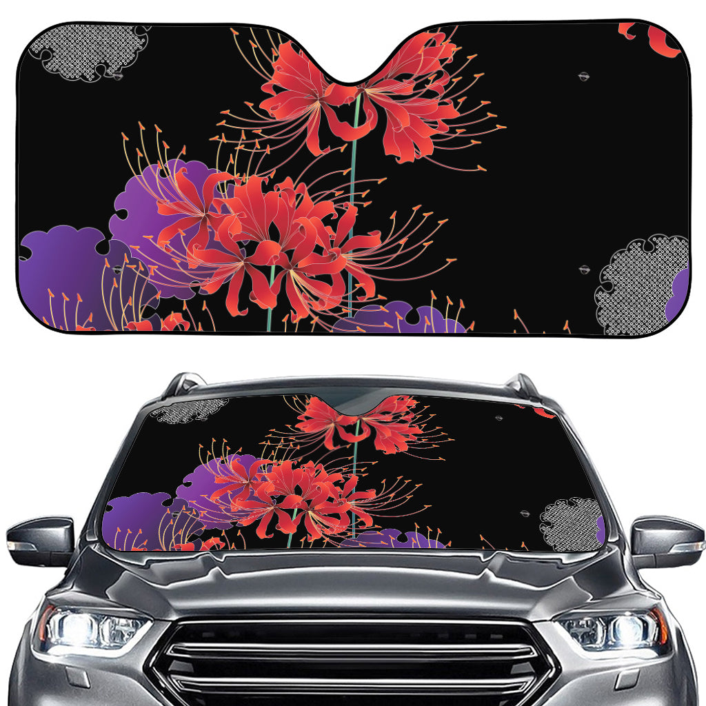 Red Japanese Amaryllis Pattern Print Car Windshield Sun Shade