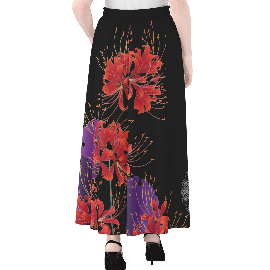 Red Japanese Amaryllis Pattern Print Chiffon Maxi Skirt