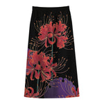 Red Japanese Amaryllis Pattern Print Cotton Front Slit Maxi Skirt