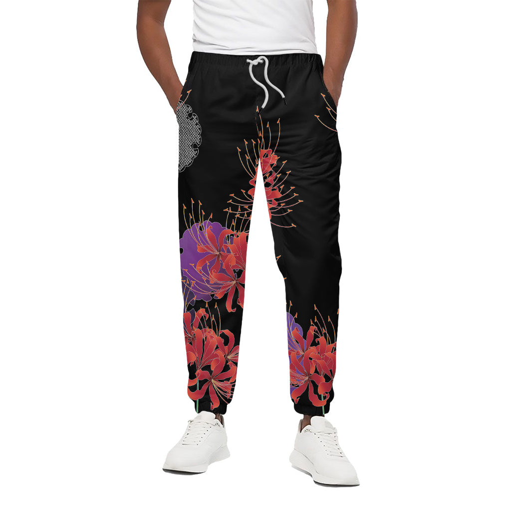 Red Japanese Amaryllis Pattern Print Cotton Pants
