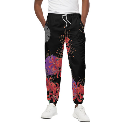 Red Japanese Amaryllis Pattern Print Cotton Pants