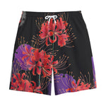 Red Japanese Amaryllis Pattern Print Cotton Shorts