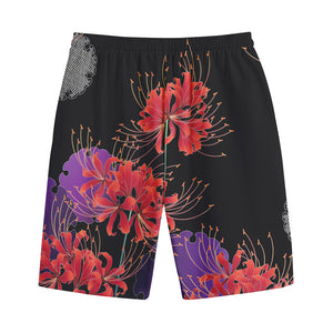 Red Japanese Amaryllis Pattern Print Cotton Shorts