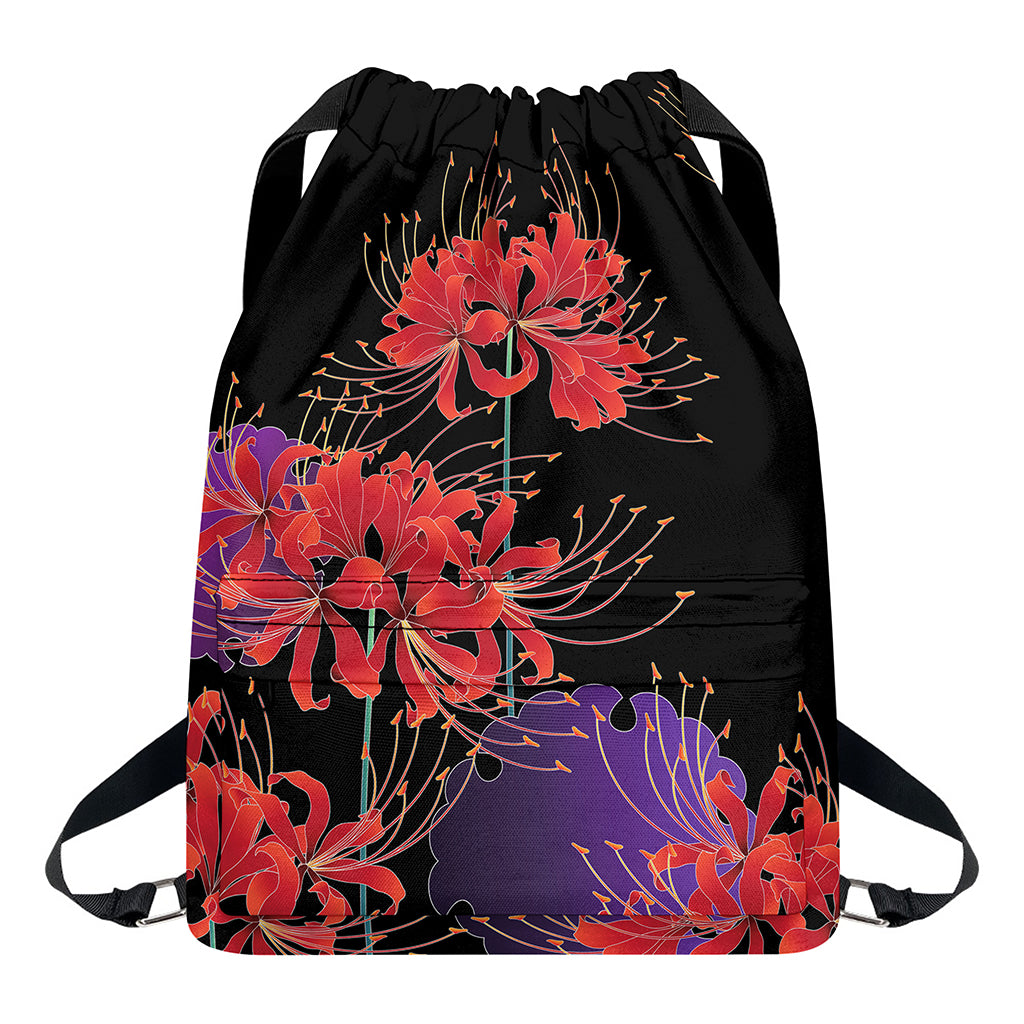 Red Japanese Amaryllis Pattern Print Drawstring Backpack
