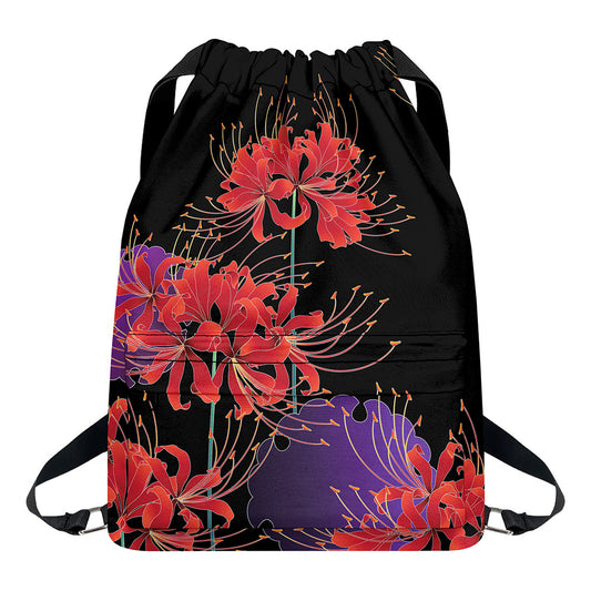Red Japanese Amaryllis Pattern Print Drawstring Backpack
