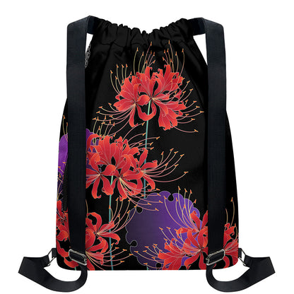 Red Japanese Amaryllis Pattern Print Drawstring Backpack