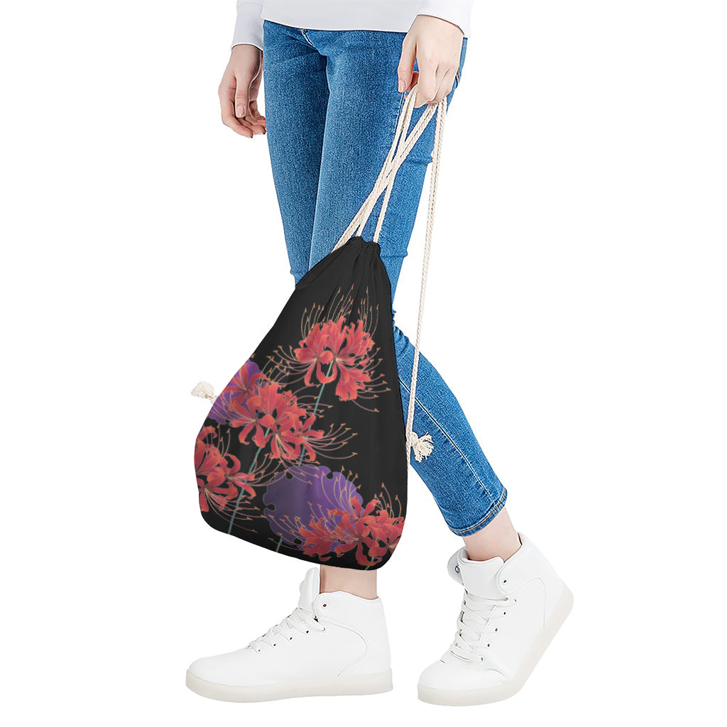 Red Japanese Amaryllis Pattern Print Drawstring Bag