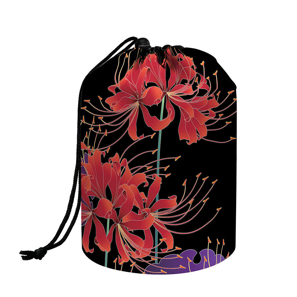 Red Japanese Amaryllis Pattern Print Drawstring Makeup Bag