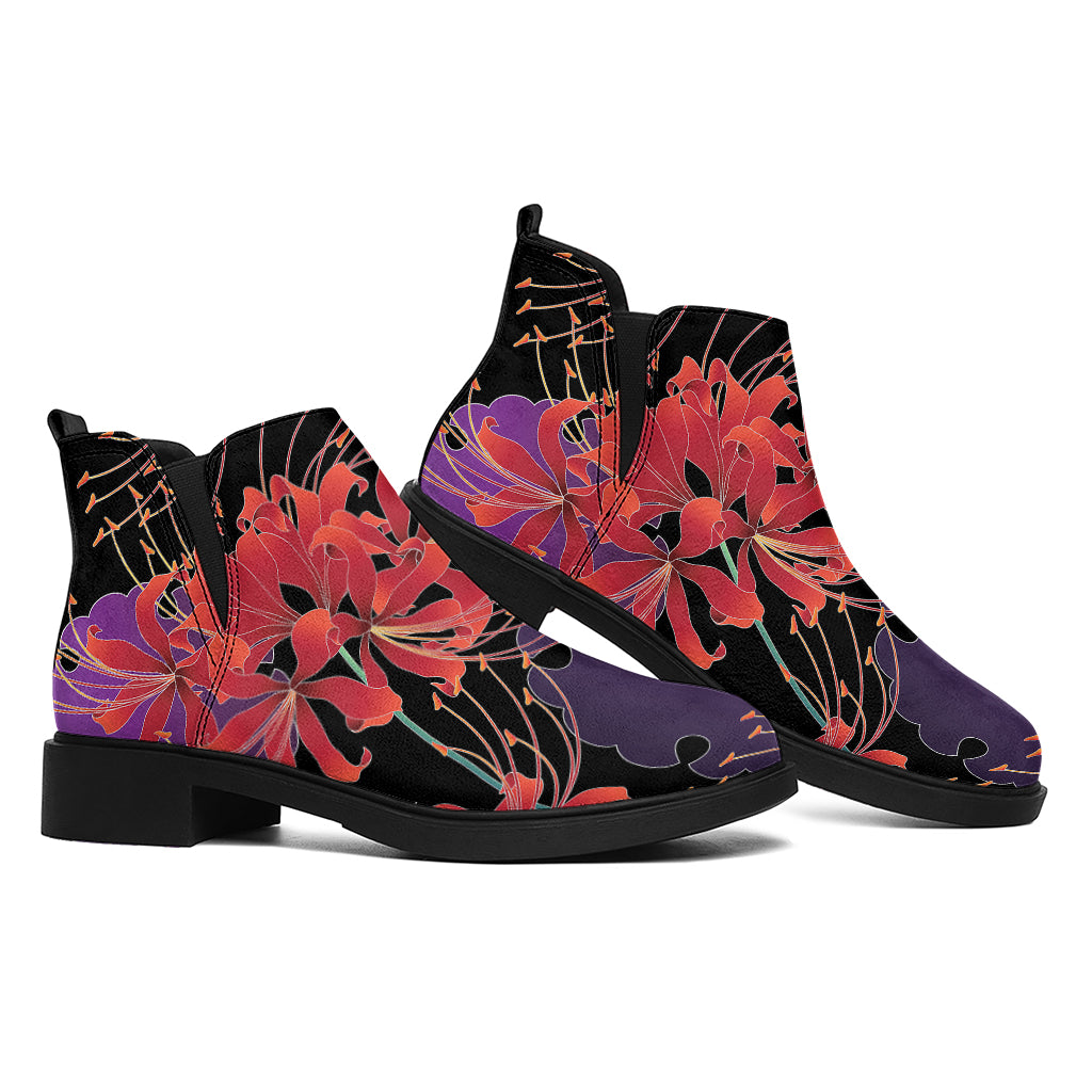 Red Japanese Amaryllis Pattern Print Flat Ankle Boots