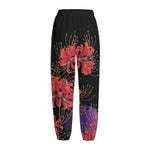 Red Japanese Amaryllis Pattern Print Fleece Lined Knit Pants