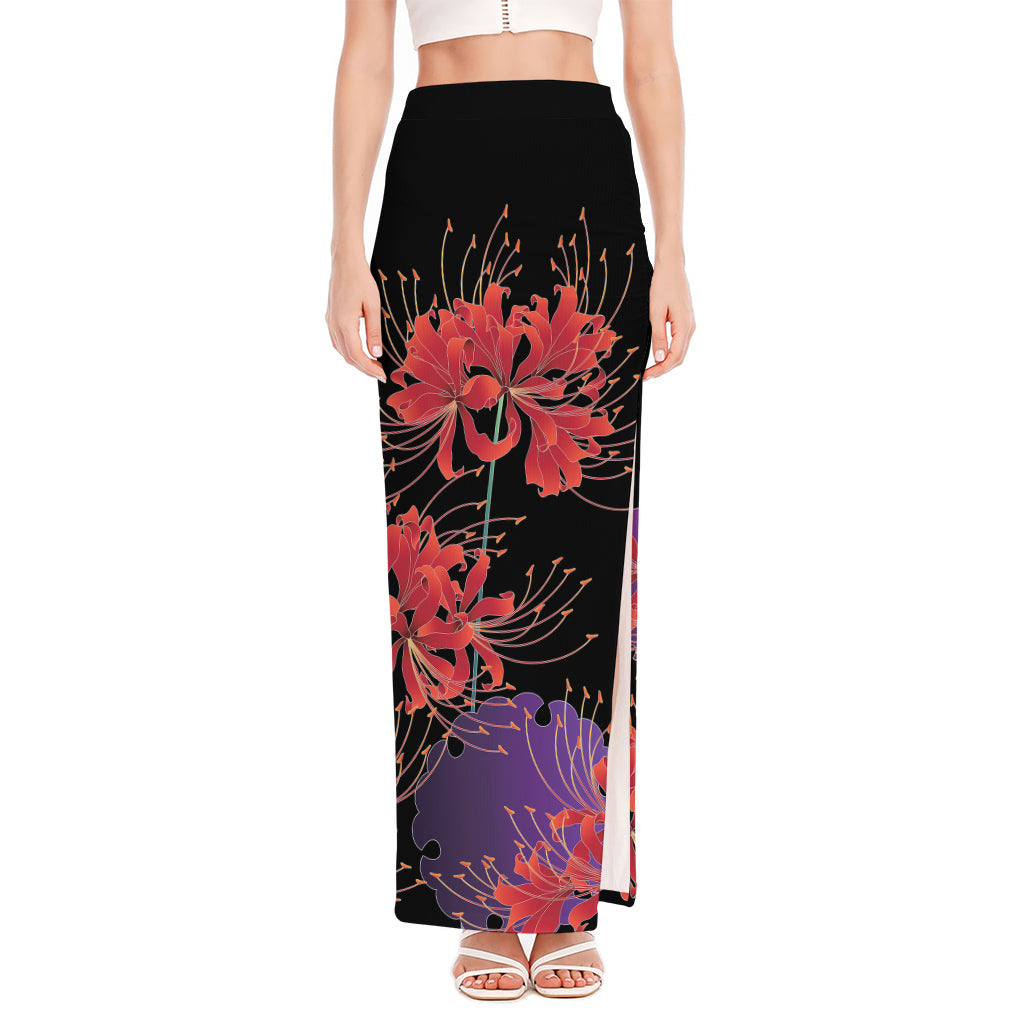 Red Japanese Amaryllis Pattern Print High Slit Maxi Skirt