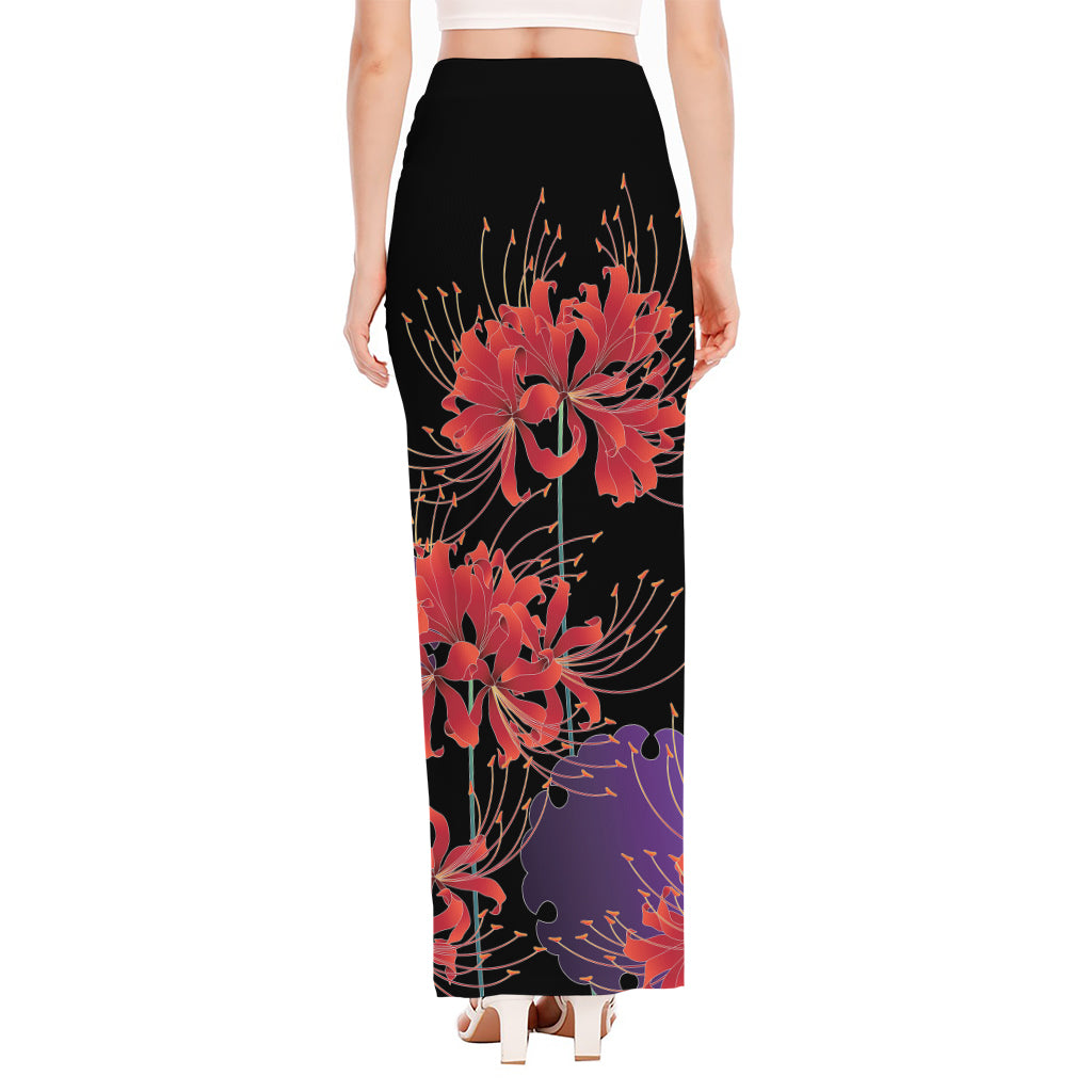 Red Japanese Amaryllis Pattern Print High Slit Maxi Skirt