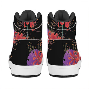 Red Japanese Amaryllis Pattern Print High Top Leather Sneakers