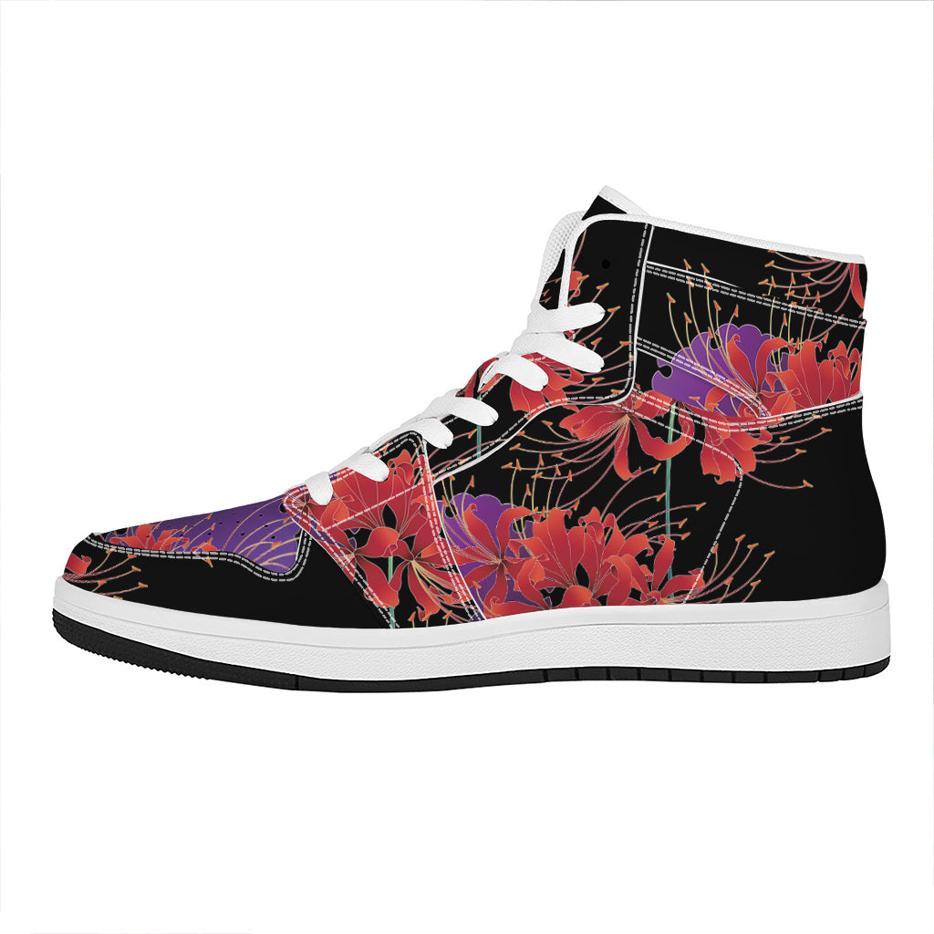 Red Japanese Amaryllis Pattern Print High Top Leather Sneakers