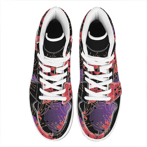 Red Japanese Amaryllis Pattern Print High Top Leather Sneakers