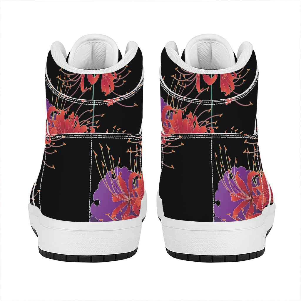 Red Japanese Amaryllis Pattern Print High Top Leather Sneakers