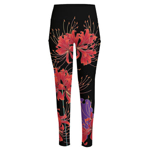 Red Japanese Amaryllis Pattern Print High-Waisted Pocket Leggings