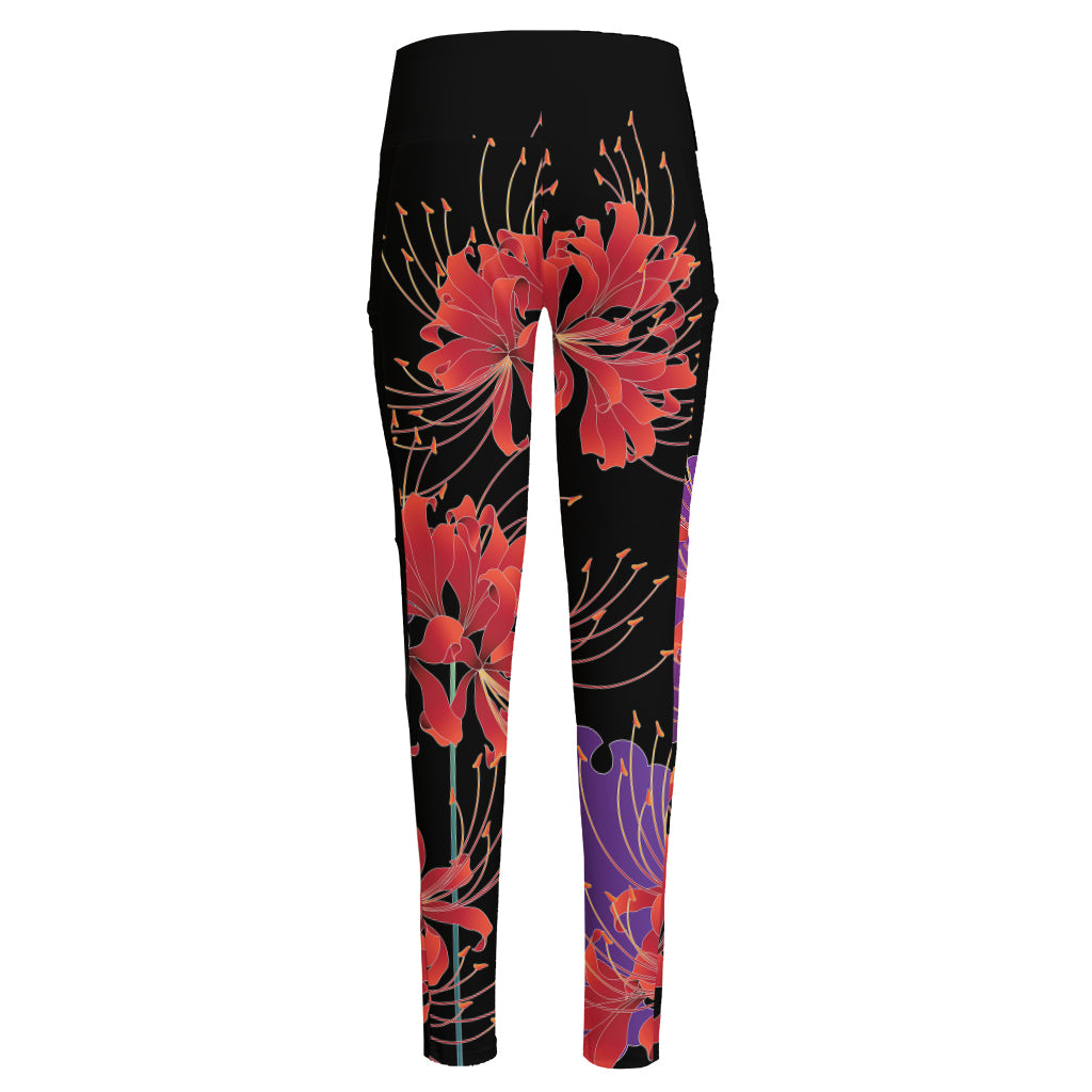 Red Japanese Amaryllis Pattern Print High-Waisted Pocket Leggings